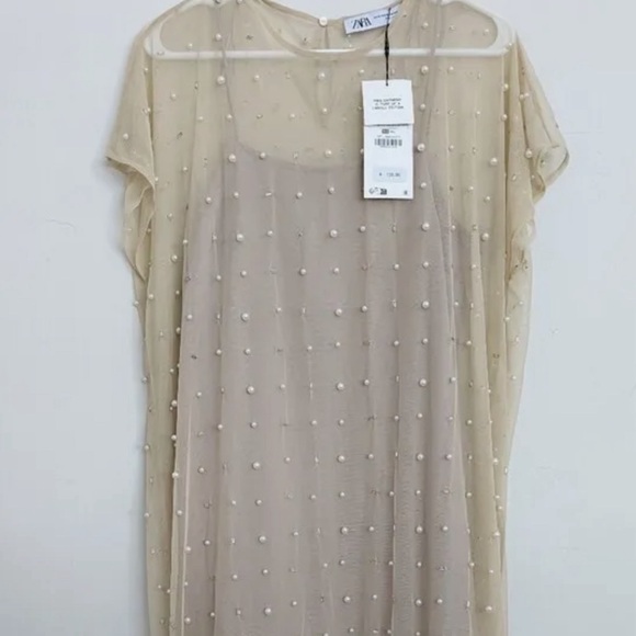 NWT ZARA Nude dress with pearls - Picture 4 of 8